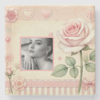Vintage pink rose hearts floral photo watercolor stone coaster