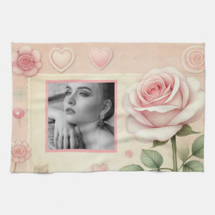 Vintage pink rose hearts floral photo watercolor  tea towel