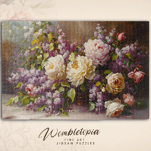 Vintage Pink Rose & Lilac Bouquet Floral Fine Art Jigsaw Puzzle