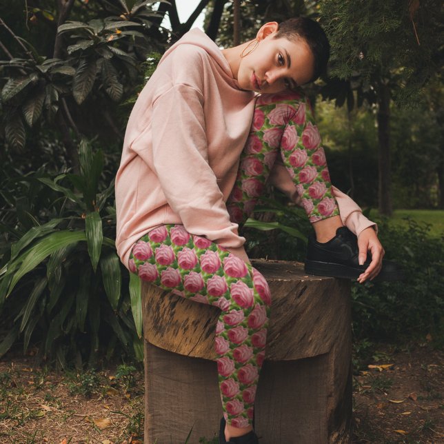 Vintage Pink Rose Minimalist Floral Green Leaf Leggings (Creator Uploaded)