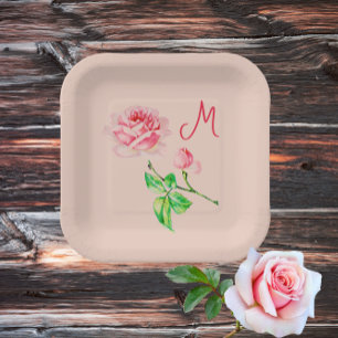  Vintage Pink Rose -monogrammed  Paper Plate