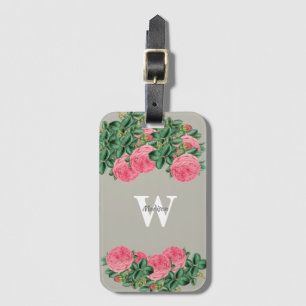 Vintage Pink rose on grey monogram Luggage Tag
