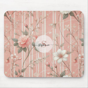 Vintage Pink Rose on Striped Pink Background Mouse Mat