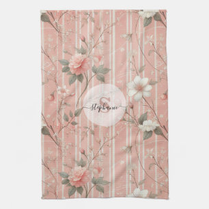 Vintage Pink Rose on Striped Pink Background Tea Towel
