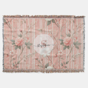 Vintage Pink Rose on Striped Pink Background Throw Blanket