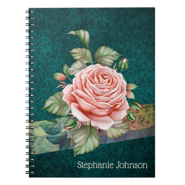 Vintage Pink Rose on Teal Damask Personalised Notebook (Front)