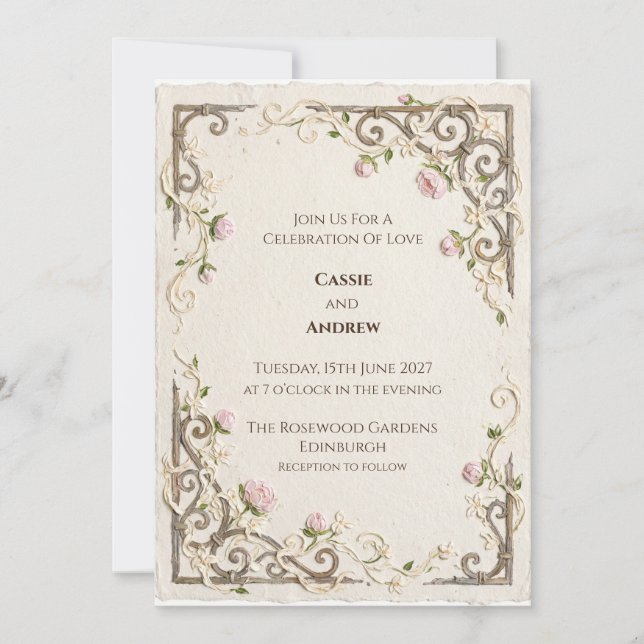 Vintage Pink Rose Ornamental Wedding Invitation (Front)