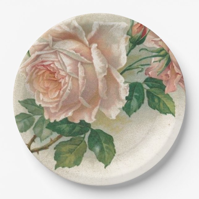 Vintage Pink Rose Paper Plate (Front)
