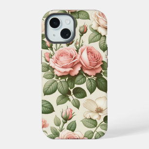 Vintage Pink Rose Pattern on Cream Background iPhone 15 Case