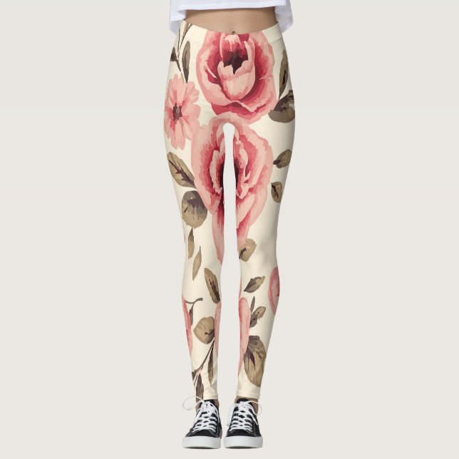 Vintage Pink Rose Pattern on Cream Leggings (Front)