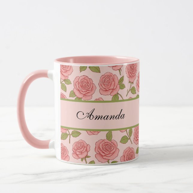 Vintage Pink Rose Pattern with Name Mug (Left)