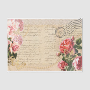Vintage Pink Rose Pearls Lace Script Postmark Tissue Paper