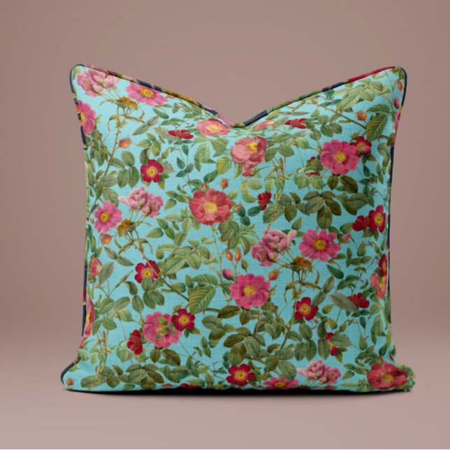 Vintage Pink Rose Pillow in Robin Egg Blue (Creator Uploaded)