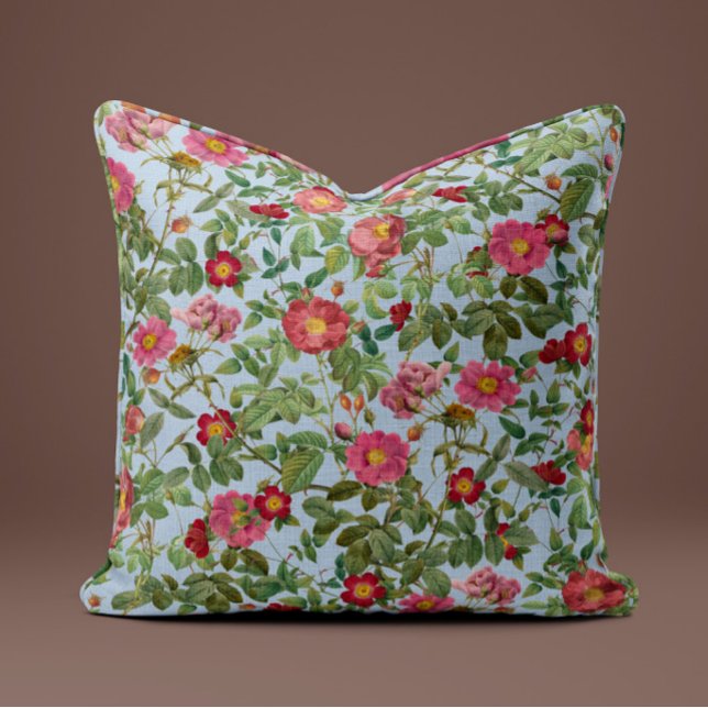 Vintage Pink Rose Pillow in Soft Sky Blue (Creator Uploaded)