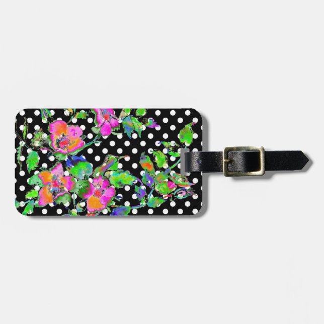 Vintage Pink Rose polka-dots Luggage Tag (Front Horizontal)