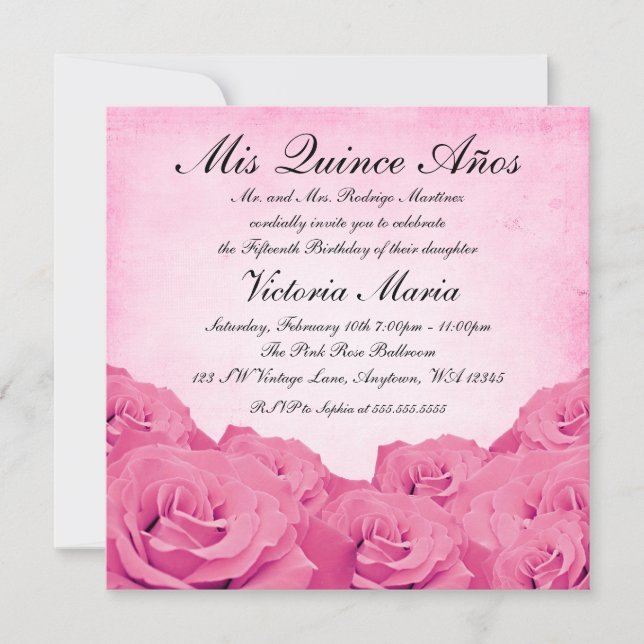 Vintage Pink Rose Quinceanera Birthday Party Invitation (Front)