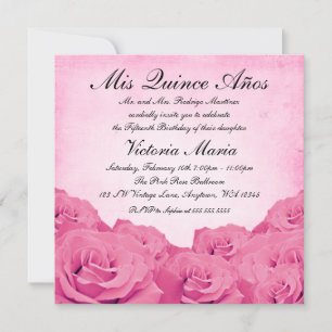 Vintage Pink Rose Quinceanera Birthday Party Invitation