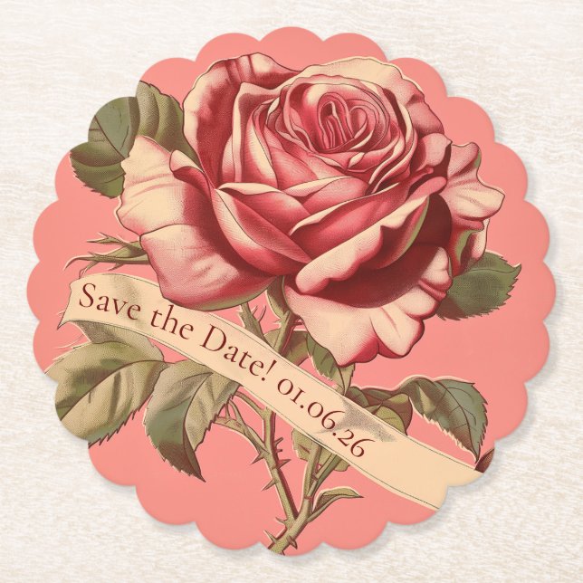 Vintage Pink Rose Ribbon Wedding Invitation Paper Coaster (Front)