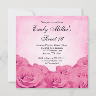 Vintage Pink Rose Sweet 16 Birthday Party Invitation
