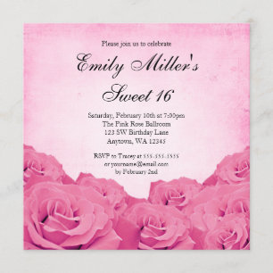 Vintage Pink Rose Sweet 16 Birthday Party Invitation