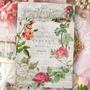 Vintage Pink Rose & Typography Ephemera Decoupage Tissue Paper