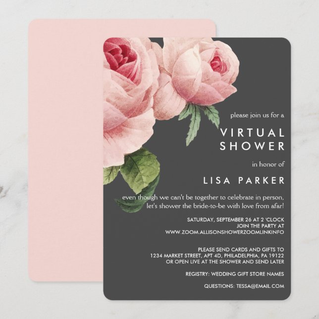 Vintage Pink Rose Virtual Shower Invitation (Front/Back)