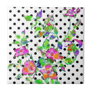 Vintage pink rose watercolor painting, polka dots  tile