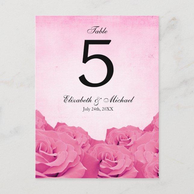 Vintage Pink Rose Wedding Table Number Postcard (Front)