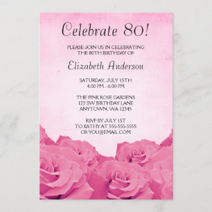 Vintage Pink Roses 80th Birthday Party Invitation
