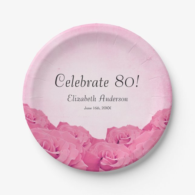 Vintage Pink Roses 80th Birthday Party Paper Plate (Front)