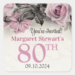 Vintage Pink Roses 80th Birthday Square Sticker