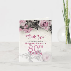 Vintage Pink Roses 80th Birthday Thank You  Card