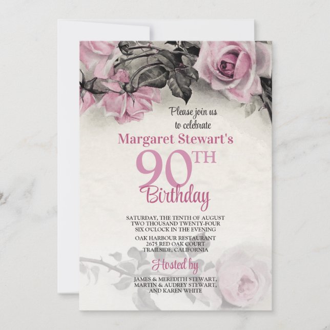Vintage Pink Roses 90th Birthday Invitation (Front)
