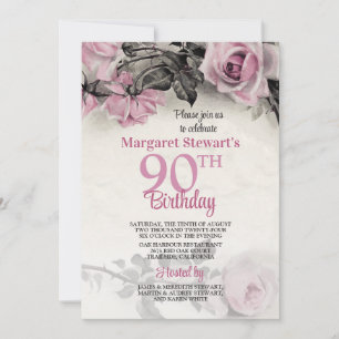 Vintage Pink Roses 90th Birthday Invitation