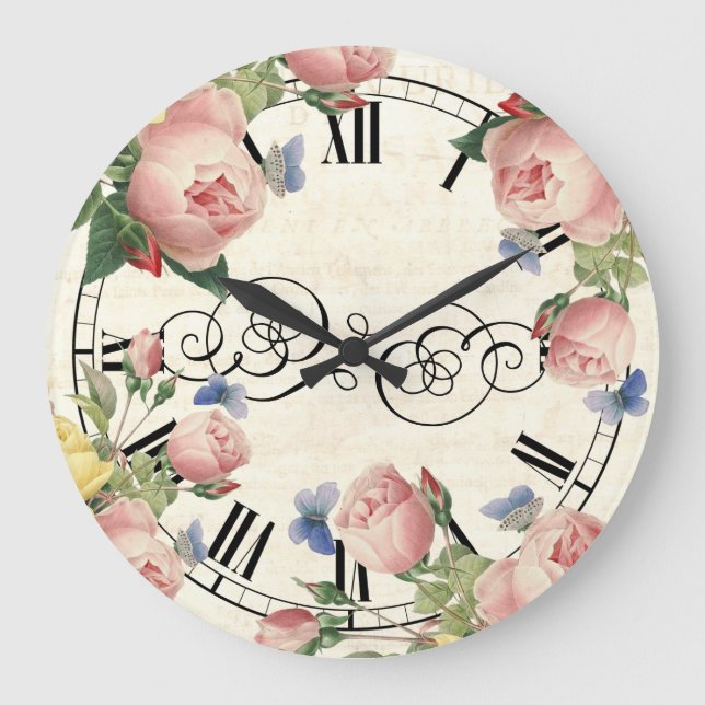 Vintage Pink Roses and Blue Butterflies Large Clock (Front)