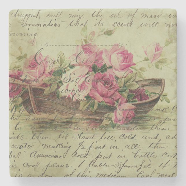 Vintage Pink Roses and Boat Stone Coaster (Front)