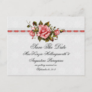 Vintage Pink Roses and Damask Print Save The Date Announcement Postcard