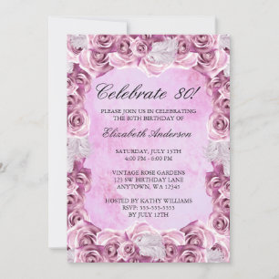 Vintage Pink Roses and Feather 80th Birthday Invitation