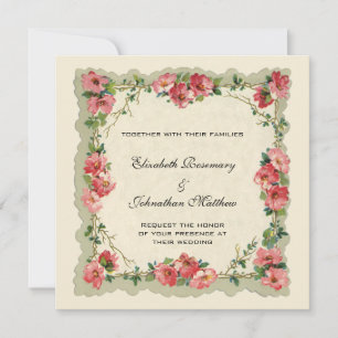Vintage Pink Roses and Flowers, Victorian Wedding Invitation
