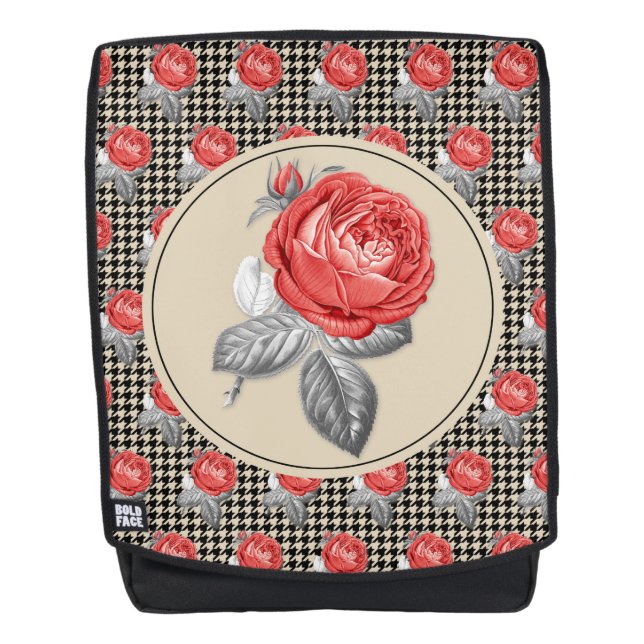 Vintage pink roses and houndstooth pattern backpack (Front)