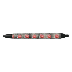 Vintage pink roses and houndstooth pattern black ink pen