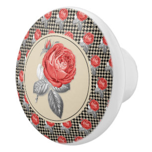 Vintage pink roses and houndstooth pattern ceramic knob