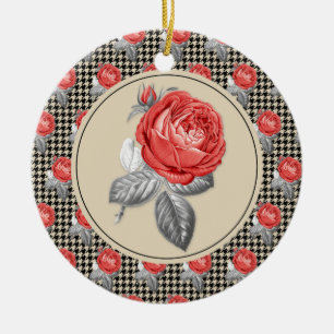 Vintage pink roses and houndstooth pattern ceramic tree decoration