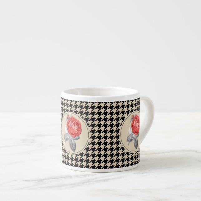 Vintage pink roses and houndstooth pattern espresso cup (Front Right)