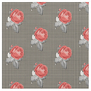 Vintage pink roses and houndstooth pattern fabric