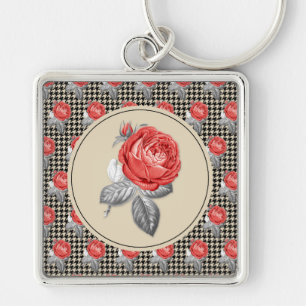 Vintage pink roses and houndstooth pattern key ring
