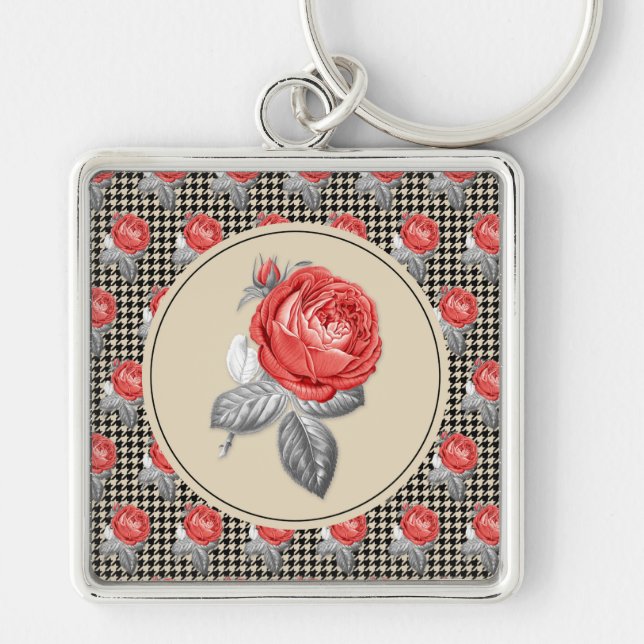 Vintage pink roses and houndstooth pattern key ring (Front)