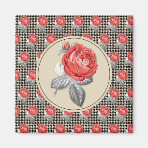 Vintage pink roses and houndstooth pattern magnet
