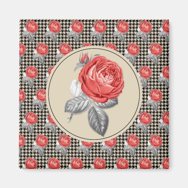 Vintage pink roses and houndstooth pattern magnet (Front)