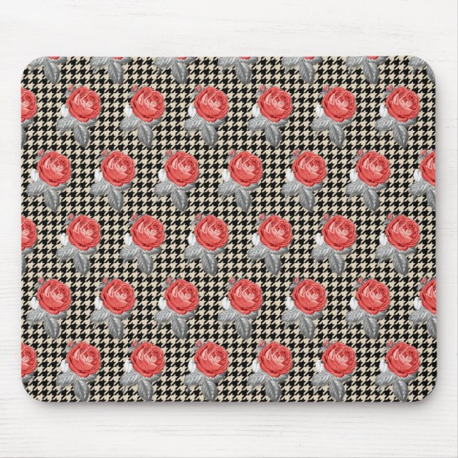 Vintage pink roses and houndstooth pattern mouse mat (Front)